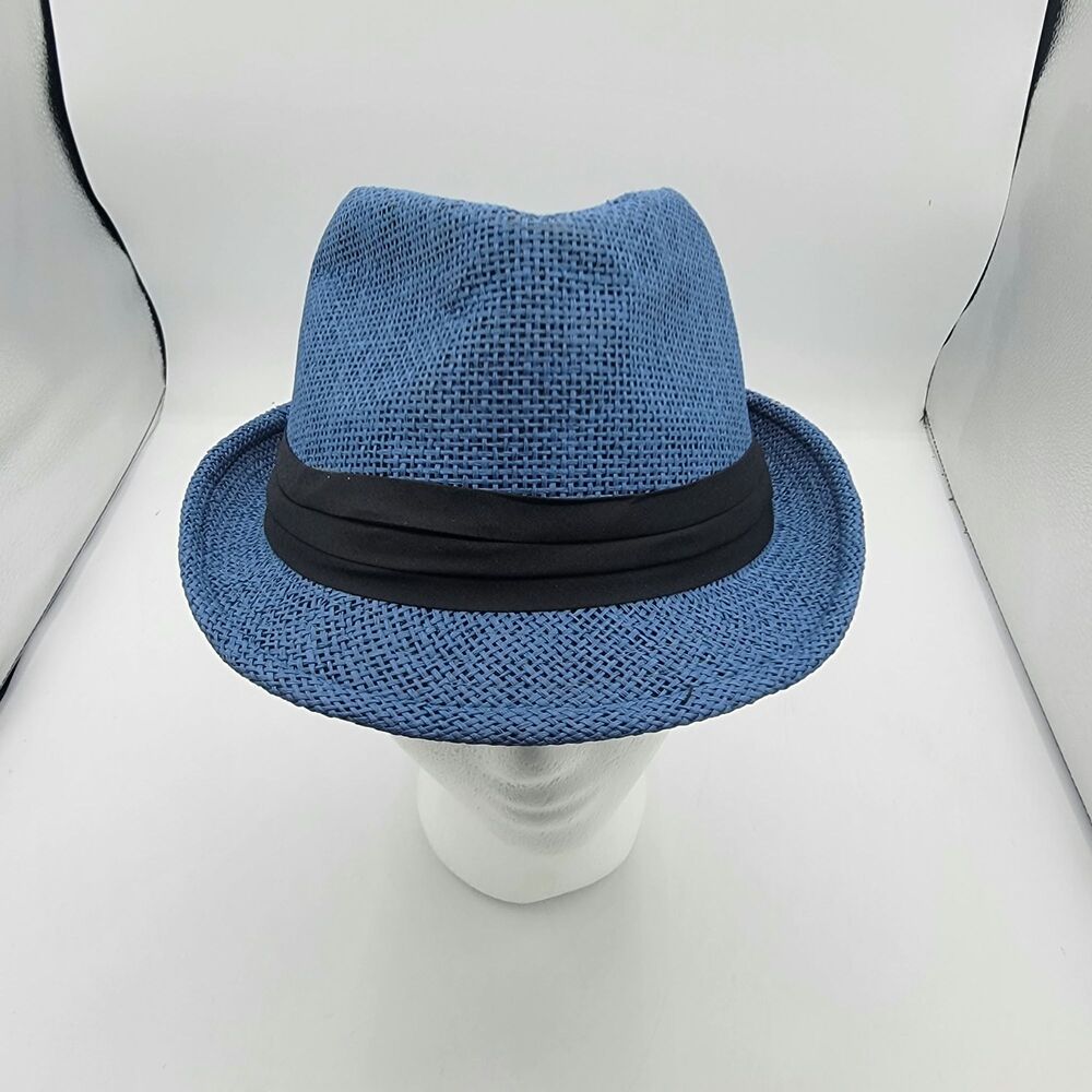 Fedora Hat l/xl Unisex Two-Tone Blue W/Black Ribbon Band 100% Straw Milani
